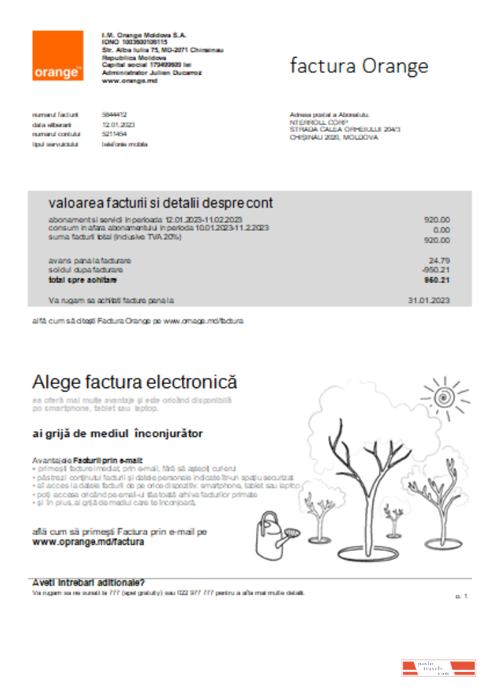 Moldova Orange Factura utility business bill, SCR PSD template